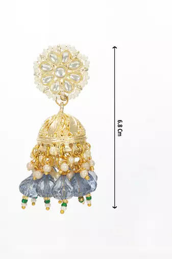 gold-plated blue beaded kundan jhumka earrings