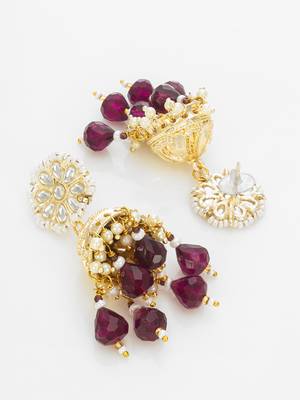 gold-plated maroon beaded jhumka earrings for women 2