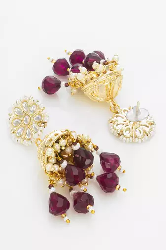 gold-plated maroon beaded jhumka earrings for women