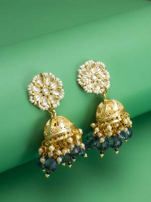gold-plated blue beaded kundan jhumka earrings 4