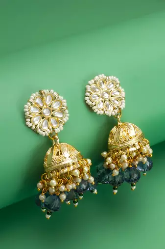 gold-plated blue beaded kundan jhumka earrings
