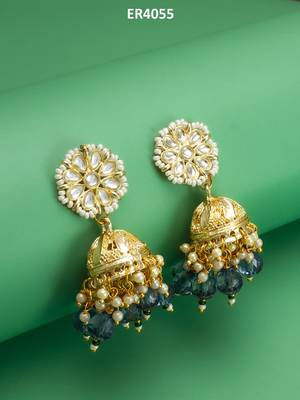 gold-plated blue beaded kundan jhumka earrings 5
