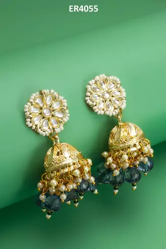 gold-plated blue beaded kundan jhumka earrings