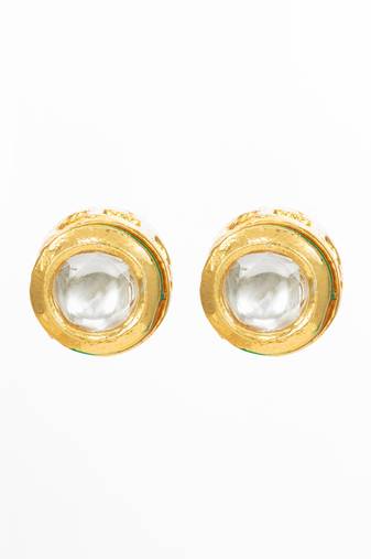 gold plated white round stud earrings with kundan stones