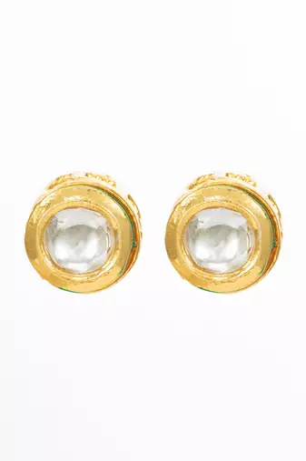 gold plated white round stud earrings with kundan stones
