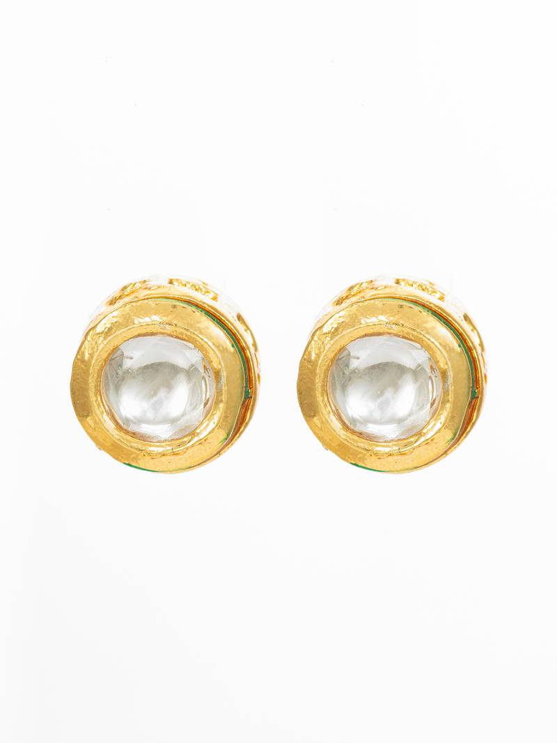 gold plated white round stud earrings with kundan stones