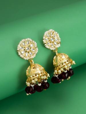 gold-plated maroon beaded jhumka earrings for women 4