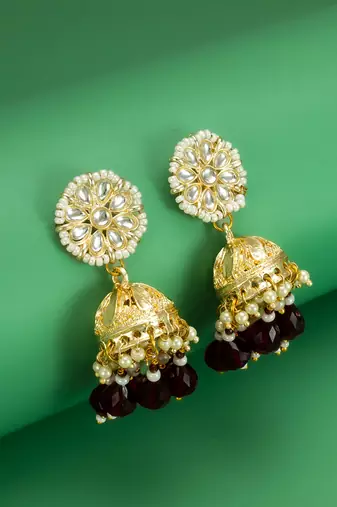 gold-plated maroon beaded jhumka earrings for women