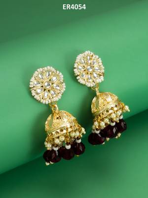 gold-plated maroon beaded jhumka earrings for women 5