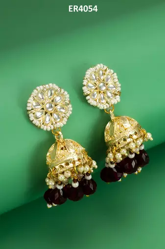 gold-plated maroon beaded jhumka earrings for women