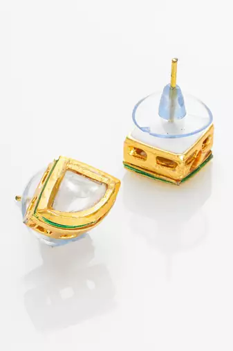 gold plated square-cut white stone stud earrings