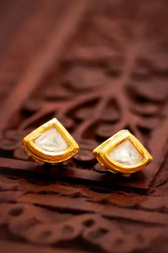 gold plated square-cut white stone stud earrings