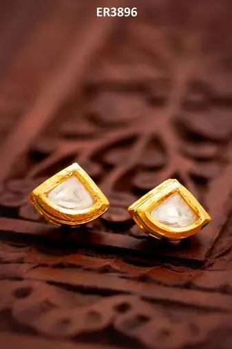 gold plated square-cut white stone stud earrings