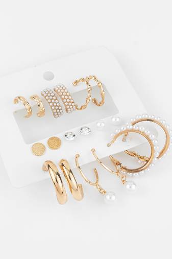elegant gold plated pearl & crystal hoop earring combo set for women (pack of 9 pairs)