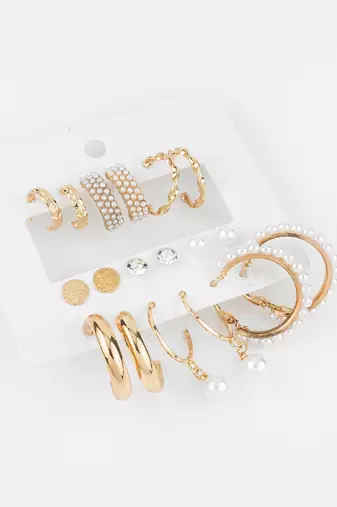 elegant gold plated pearl & crystal hoop earring combo set for women (pack of 9 pairs)