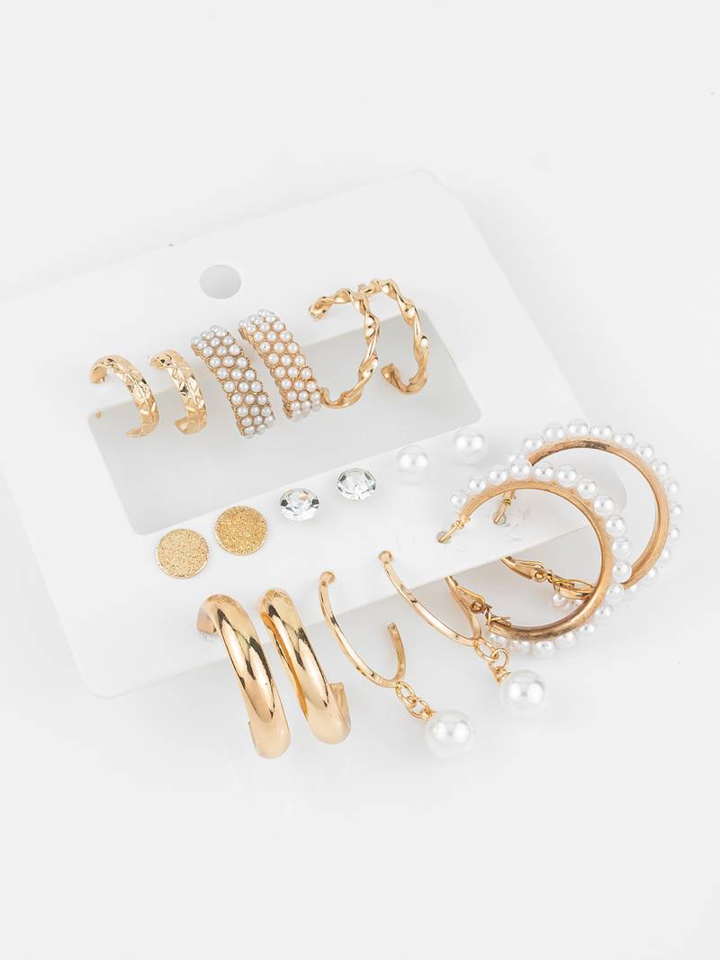 elegant gold plated pearl & crystal hoop earring combo set for women (pack of 9 pairs)