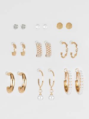 elegant gold plated pearl & crystal hoop earring combo set for women (pack of 9 pairs) 2