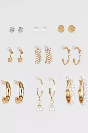 elegant gold plated pearl & crystal hoop earring combo set for women (pack of 9 pairs)