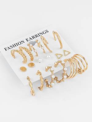 gold plated textured & pearl accent hoop earring combo set for women (pack of 9 pairs) 1