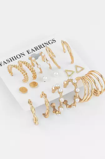gold plated textured & pearl accent hoop earring combo set for women (pack of 9 pairs)
