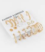 gold plated textured & pearl accent hoop earring combo set for women (pack of 9 pairs)