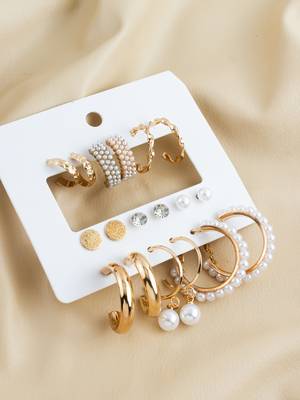 elegant gold plated pearl & crystal hoop earring combo set for women (pack of 9 pairs) 3