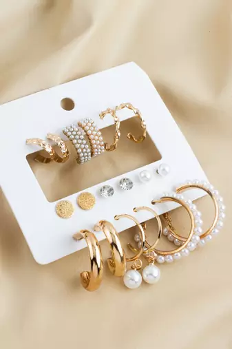 elegant gold plated pearl & crystal hoop earring combo set for women (pack of 9 pairs)