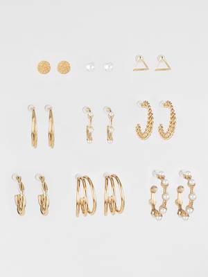 gold plated textured & pearl accent hoop earring combo set for women (pack of 9 pairs) 2