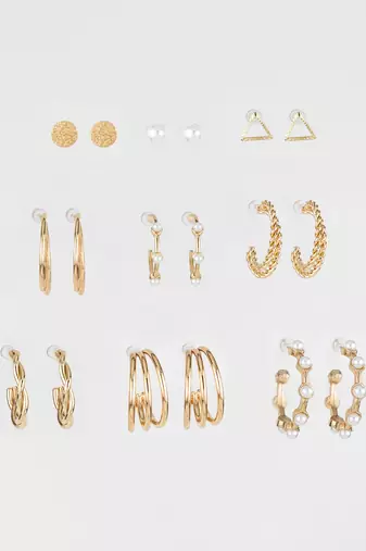 gold plated textured & pearl accent hoop earring combo set for women (pack of 9 pairs)