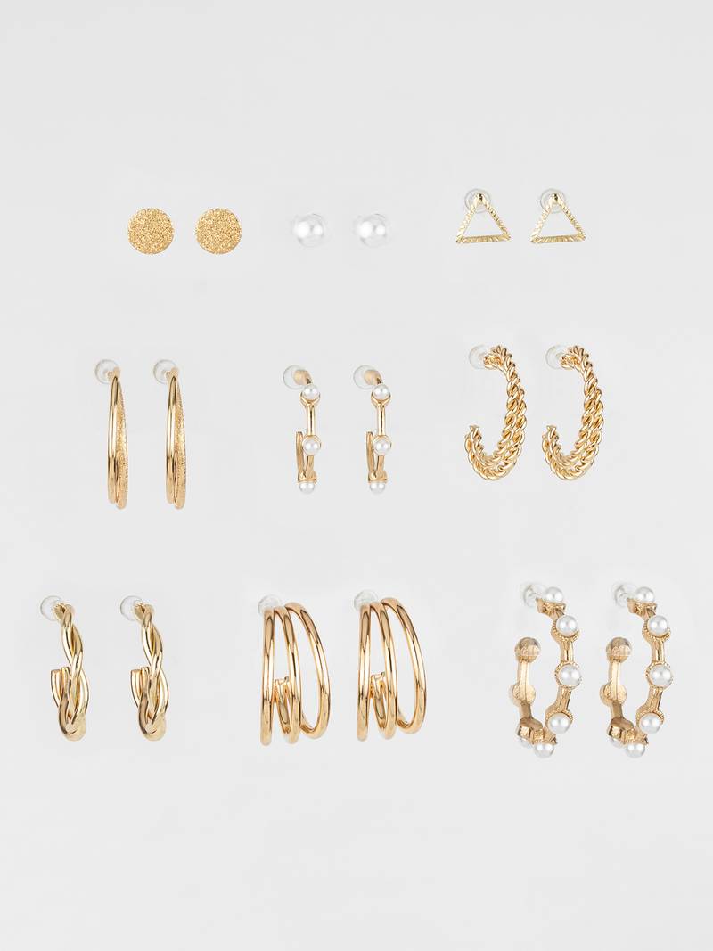 gold plated textured & pearl accent hoop earring combo set for women (pack of 9 pairs)