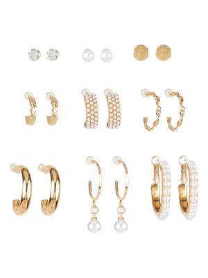 elegant gold plated pearl & crystal hoop earring combo set for women (pack of 9 pairs) 4