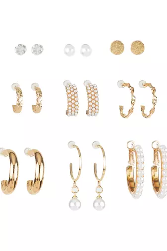 elegant gold plated pearl & crystal hoop earring combo set for women (pack of 9 pairs)