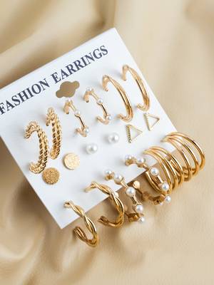gold plated textured & pearl accent hoop earring combo set for women (pack of 9 pairs) 3