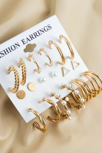 gold plated textured & pearl accent hoop earring combo set for women (pack of 9 pairs)