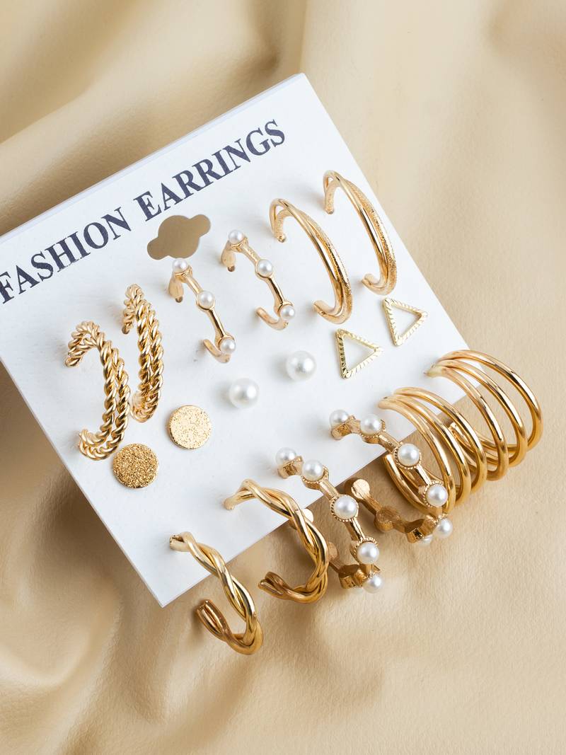 gold plated textured & pearl accent hoop earring combo set for women (pack of 9 pairs)