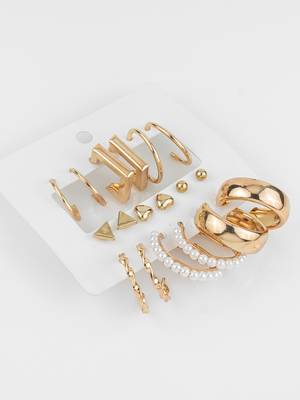 gold plated minimal studs & hoops earring combo set with pearls (pack of 9 pairs) 1