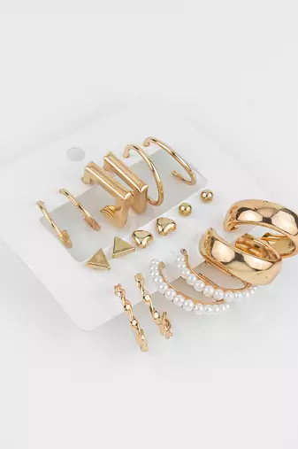 gold plated minimal studs & hoops earring combo set with pearls (pack of 9 pairs)