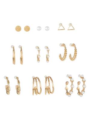 gold plated textured & pearl accent hoop earring combo set for women (pack of 9 pairs) 4