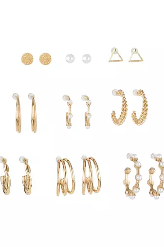 gold plated textured & pearl accent hoop earring combo set for women (pack of 9 pairs)