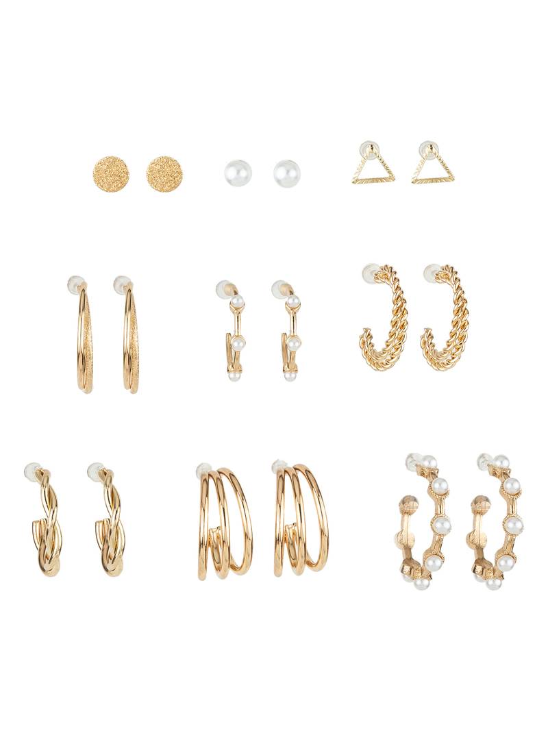 gold plated textured & pearl accent hoop earring combo set for women (pack of 9 pairs)