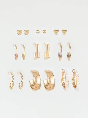 gold plated minimal studs & hoops earring combo set with pearls (pack of 9 pairs) 2