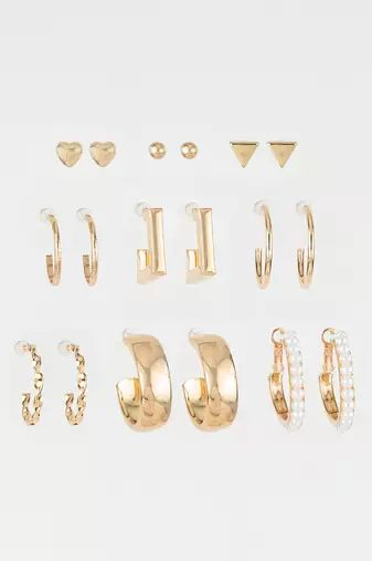 gold plated minimal studs & hoops earring combo set with pearls (pack of 9 pairs)