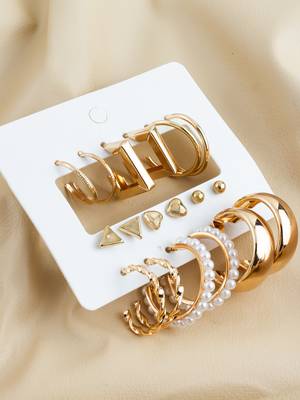 gold plated minimal studs & hoops earring combo set with pearls (pack of 9 pairs) 3