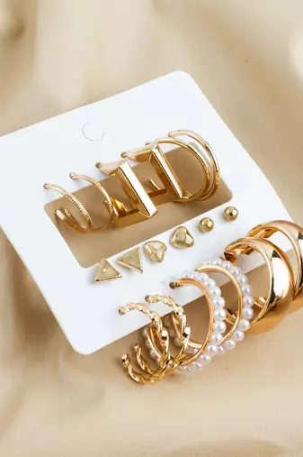 gold plated minimal studs & hoops earring combo set with pearls (pack of 9 pairs)