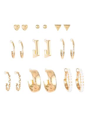 gold plated minimal studs & hoops earring combo set with pearls (pack of 9 pairs) 4
