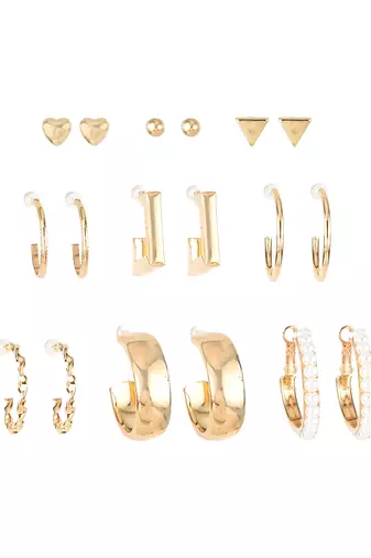 gold plated minimal studs & hoops earring combo set with pearls (pack of 9 pairs)