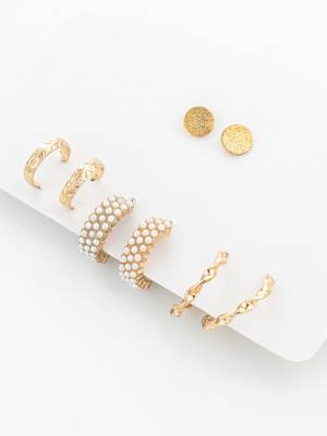 gold plated pearl huggie and textured hoop set 1
