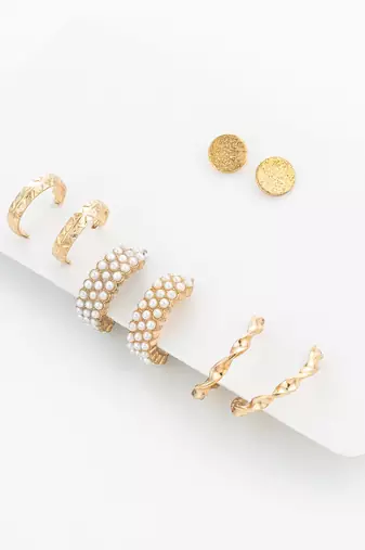 gold plated pearl huggie and textured hoop set