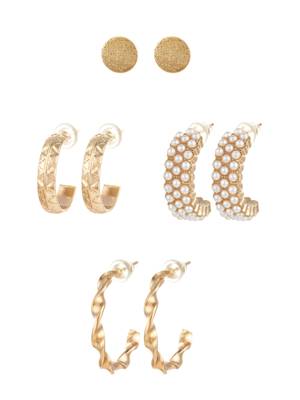 gold plated pearl huggie and textured hoop set 2