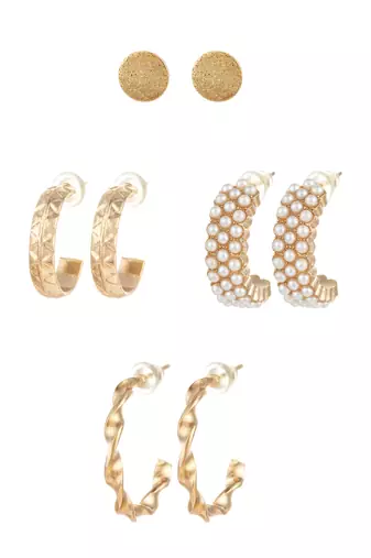 gold plated pearl huggie and textured hoop set